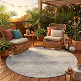 8' Ivory And Silver Round Oriental Washable Indoor Outdoor Area Rug