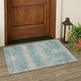 3' X 5' Teal Blue And Silver Oriental Washable Indoor Outdoor Area Rug