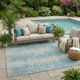 5' X 8' Teal Blue And Silver Oriental Washable Indoor Outdoor Area Rug