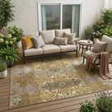 5' X 8' Walnut And Gold Oriental Washable Indoor Outdoor Area Rug
