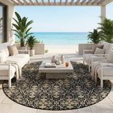 8' Black And Graphite Round Oriental Washable Indoor Outdoor Area Rug