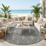 8' Gray And Graphite Round Oriental Washable Indoor Outdoor Area Rug