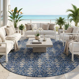 8' Navy Blue And Blue Round Oriental Washable Indoor Outdoor Area Rug
