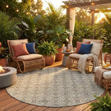 8' Beige And Brown Round Striped Washable Indoor Outdoor Area Rug