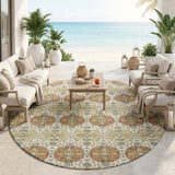 8' Cream And Ivory Round Striped Washable Indoor Outdoor Area Rug