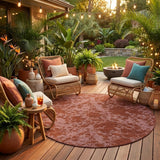 8' Burgundy And Red Round Abstract Washable Indoor Outdoor Area Rug