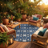 8' Navy Blue And Blue Round Striped Washable Indoor Outdoor Area Rug