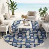 8' Navy Blue And Blue Round Geometric Washable Indoor Outdoor Area Rug