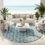 8' Teal Blue And Silver Round Geometric Washable Indoor Outdoor Area Rug