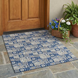 3' X 5' Navy Blue And Blue Floral Washable Indoor Outdoor Area Rug
