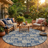 8' Navy Blue And Blue Round Floral Washable Indoor Outdoor Area Rug
