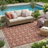 5' X 8' Brick Red And Red Geometric Washable Indoor Outdoor Area Rug