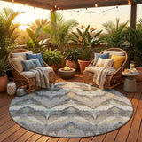 8' Gray And Silver Round Abstract Washable Indoor Outdoor Area Rug