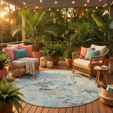 8' Sky Blue And Blue Round Floral Washable Indoor Outdoor Area Rug