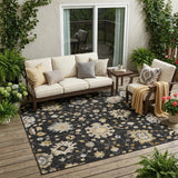 5' X 8' Black And Graphite Floral Washable Indoor Outdoor Area Rug