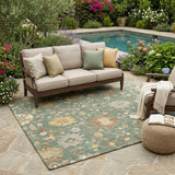 5' X 8' Green And Beige Floral Washable Indoor Outdoor Area Rug