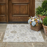 3' X 5' Ivory And Silver Floral Washable Indoor Outdoor Area Rug