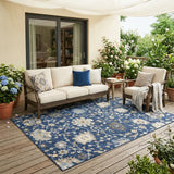 5' X 8' Navy Blue And Blue Floral Washable Indoor Outdoor Area Rug