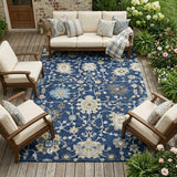 8' X 10' Navy Blue And Blue Floral Washable Indoor Outdoor Area Rug