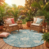 8' Teal Blue And Silver Round Floral Washable Indoor Outdoor Area Rug
