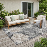 5' X 8' Gray And Silver Floral Washable Indoor Outdoor Area Rug