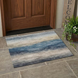 3' X 5' Blue And Linen Striped Washable Indoor Outdoor Area Rug