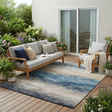 5' X 8' Blue And Linen Striped Washable Indoor Outdoor Area Rug