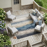8' X 10' Blue And Linen Striped Washable Indoor Outdoor Area Rug