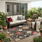 5' X 8' Black And Graphite Floral Washable Indoor Outdoor Area Rug