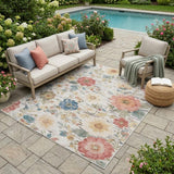 5' X 8' Ivory And Silver Floral Washable Indoor Outdoor Area Rug