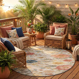 8' Ivory And Silver Round Floral Washable Indoor Outdoor Area Rug