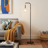 61" Black Metal Arched Floor Lamp With Black Linen Drum Shade