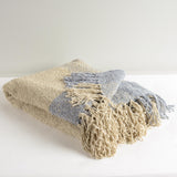 50" X 60" Natural Beige Slate Blue And Slate Gray Color Block Throw Blanket with Fringe