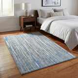 3' X 5' Blue And Ivory Striped Shag Washable Area Rug With UV Protection
