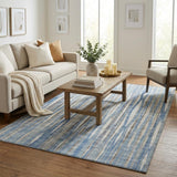 5' X 8' Blue And Ivory Striped Shag Washable Area Rug With UV Protection