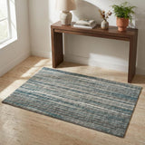 3' X 5' Teal And Charcoal Striped Shag Washable Area Rug With UV Protection