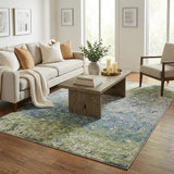 5' X 8' Green And Navy Blue Abstract Shag Washable Area Rug With UV Protection