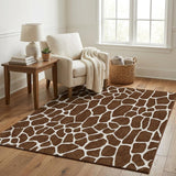 5' X 8' Coffee And White Animal Print Shag Washable Area Rug With UV Protection