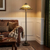 62" Bronze Metal Two Light Floor Lamp With Bone Green And Orange Abstract Tiffany Glass Empire Shade
