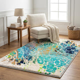 5' X 8' Teal And Navy Blue Abstract Shag Washable Area Rug With UV Protection