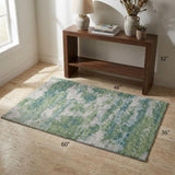 3' X 5' Green And Teal Abstract Shag Washable Area Rug With UV Protection