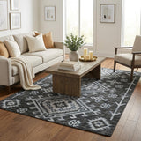 5' X 8' Gray And Navy Blue Oriental Shag Washable Area Rug With UV Protection