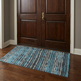 3' X 5' Blue And Gray Striped Shag Washable Area Rug With UV Protection