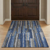 3' X 5' Blue And Navy Blue Striped Shag Washable Area Rug With UV Protection