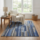 5' X 8' Blue And Navy Blue Striped Shag Washable Area Rug With UV Protection