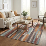 5' X 8' Orange And Burgundy Striped Shag Washable Area Rug With UV Protection