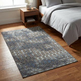 3' X 5' Blue And Charcoal Geometric Shag Washable Area Rug With UV Protection