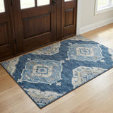 3' X 5' Blue And Charcoal Oriental Shag Washable Area Rug With UV Protection