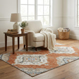 5' X 8' Orange And Ivory Oriental Shag Washable Area Rug With UV Protection