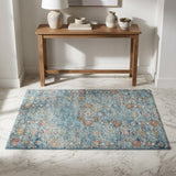 3' X 5' Blue And Teal Oriental Shag Washable Area Rug With UV Protection